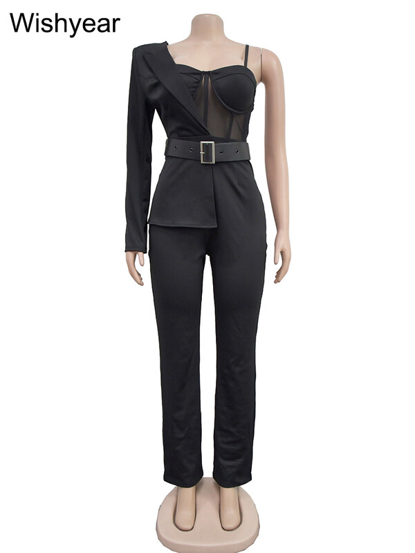 Wishyear Asimetrični crni kombinezoni na jedno rame s remenom Ženski seksi jednodijelni kombinezoni za klubske zabave Rođendanski kombinezoni
