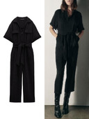 TRAF Novi ženski kombinezon na rever, modni kombinezon s V-izrezom, crni za mršavljenje, s remenom, patentnim zatvaračem, džepom na rever, kombinezon kratkih rukava Mujer