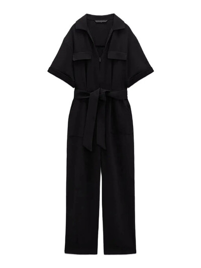 TRAF Novi ženski kombinezon na rever, modni kombinezon s V-izrezom, crni za mršavljenje, s remenom, patentnim zatvaračem, džepom na rever, kombinezon kratkih rukava Mujer