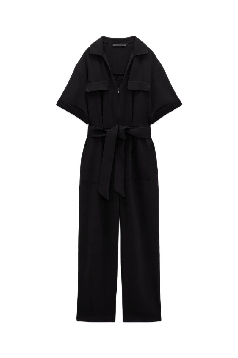 TRAF Novi ženski kombinezon na rever, modni kombinezon s V-izrezom, crni za mršavljenje, s remenom, patentnim zatvaračem, džepom na rever, kombinezon kratkih rukava Mujer