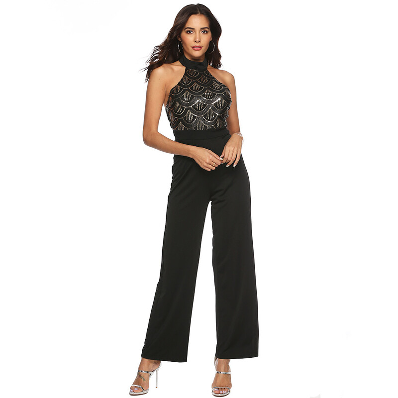 Seksi ljetni bodi sa spojenim crnim šljokicama ženski jednodijelni bodi femme halter vintage kombinezon elegantni kombinezon za noćni klub 2024 Novo