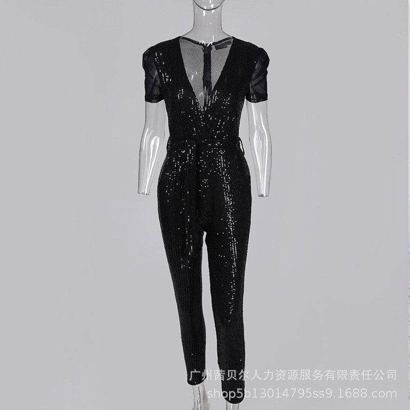 Naiste must lühikeste varrukatega sügava V litritega kombinesooni ühevärviline kõrge vöökohaga mängukostüüm püksid pahkluu pikkusega suvine