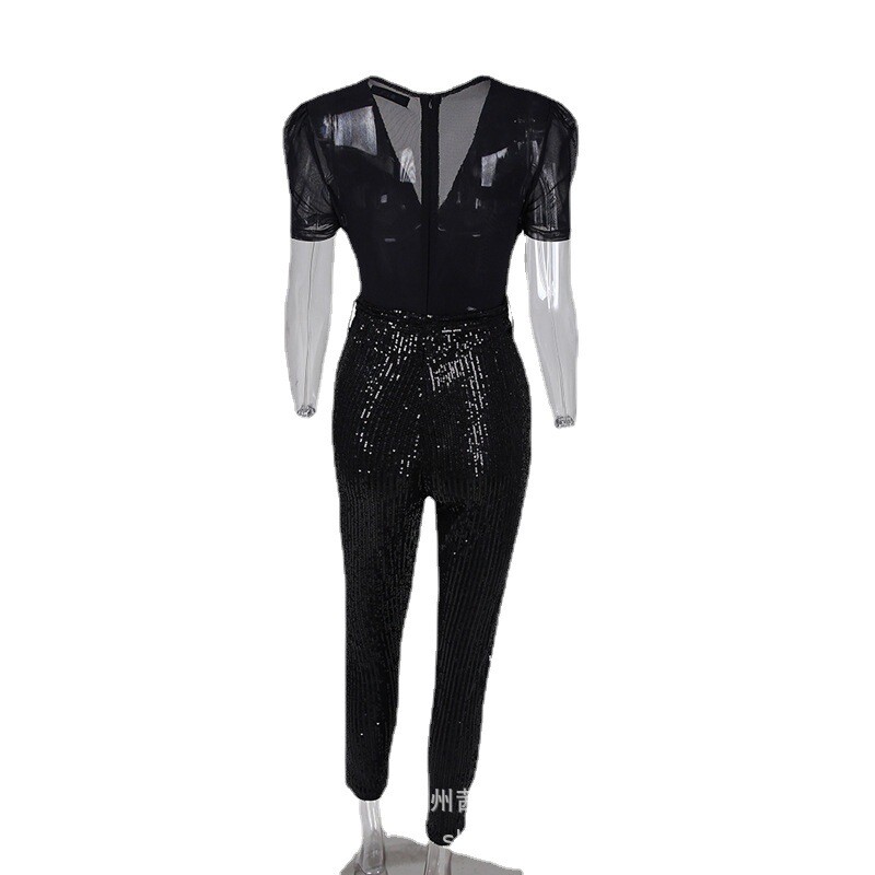 Naiste must lühikeste varrukatega sügava V litritega kombinesooni ühevärviline kõrge vöökohaga mängukostüüm püksid pahkluu pikkusega suvine