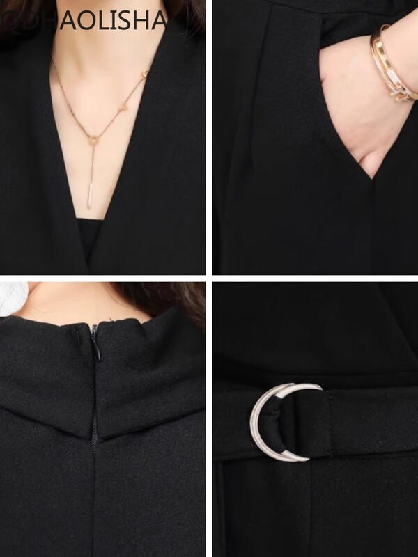 Ново в Дамски гащеризон с висока талия Корейска мода Елегантен черен комплект гащеризон с широки крачоли за жени Пролетно улично облекло