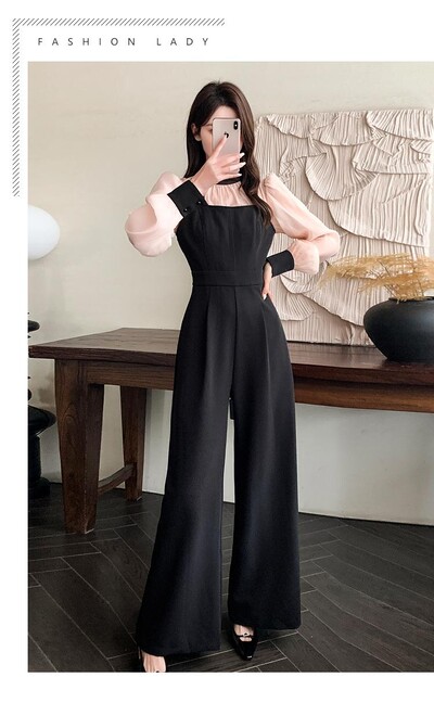 2024. aasta kevadsügis, uus must lapiline, kõrge vöökohaga kombinesoon, naiste vibu, pitsiline, pikkade varrukatega temperament, lai jalg, pikk püksid korea