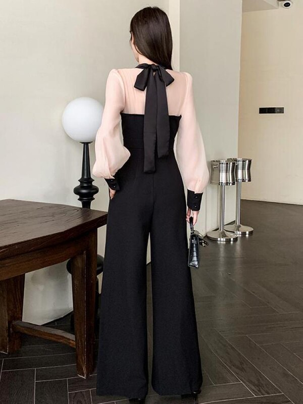 2024. aasta kevadsügis, uus must lapiline, kõrge vöökohaga kombinesoon, naiste vibu, pitsiline, pikkade varrukatega temperament, lai jalg, pikk püksid korea
