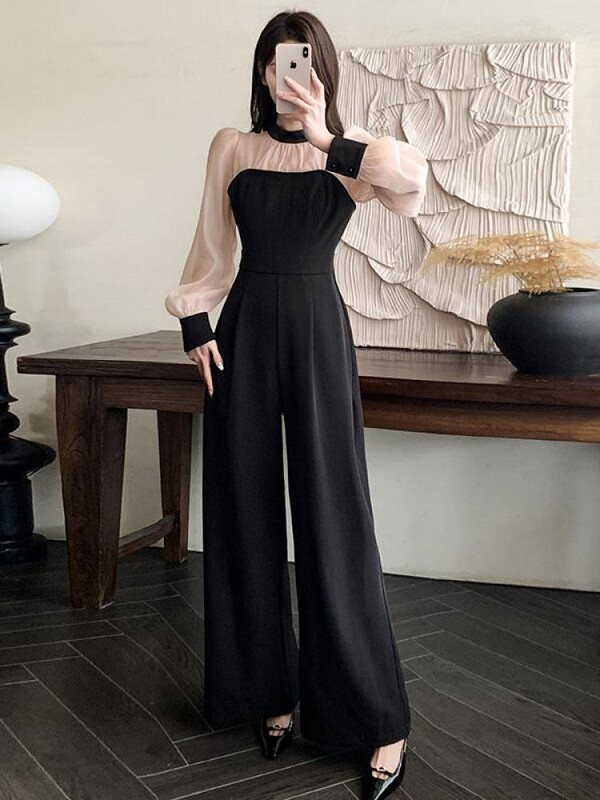 2024. aasta kevadsügis, uus must lapiline, kõrge vöökohaga kombinesoon, naiste vibu, pitsiline, pikkade varrukatega temperament, lai jalg, pikk püksid korea