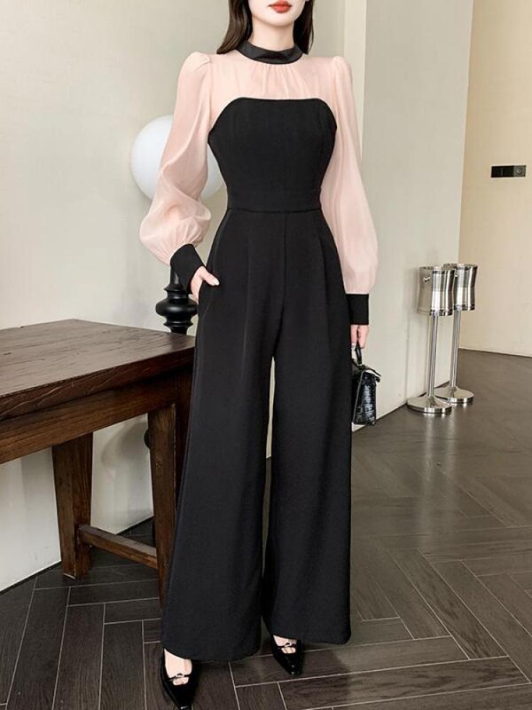 2024. aasta kevadsügis, uus must lapiline, kõrge vöökohaga kombinesoon, naiste vibu, pitsiline, pikkade varrukatega temperament, lai jalg, pikk püksid korea