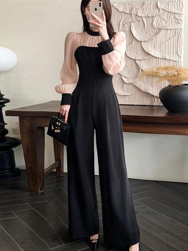 2024. aasta kevadsügis, uus must lapiline, kõrge vöökohaga kombinesoon, naiste vibu, pitsiline, pikkade varrukatega temperament, lai jalg, pikk püksid korea