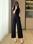 Čvrsti uredski kombinezon s V-izrezom Ženski elegantni kombinezon širokih nogavica visokog struka 2024. Modni uski šuplji jednobojni kombinezon T165