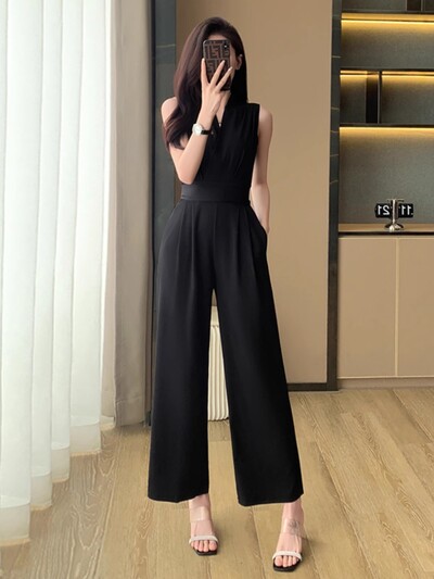 Čvrsti uredski kombinezon s V-izrezom Ženski elegantni kombinezon širokih nogavica visokog struka 2024. Modni uski šuplji jednobojni kombinezon T165