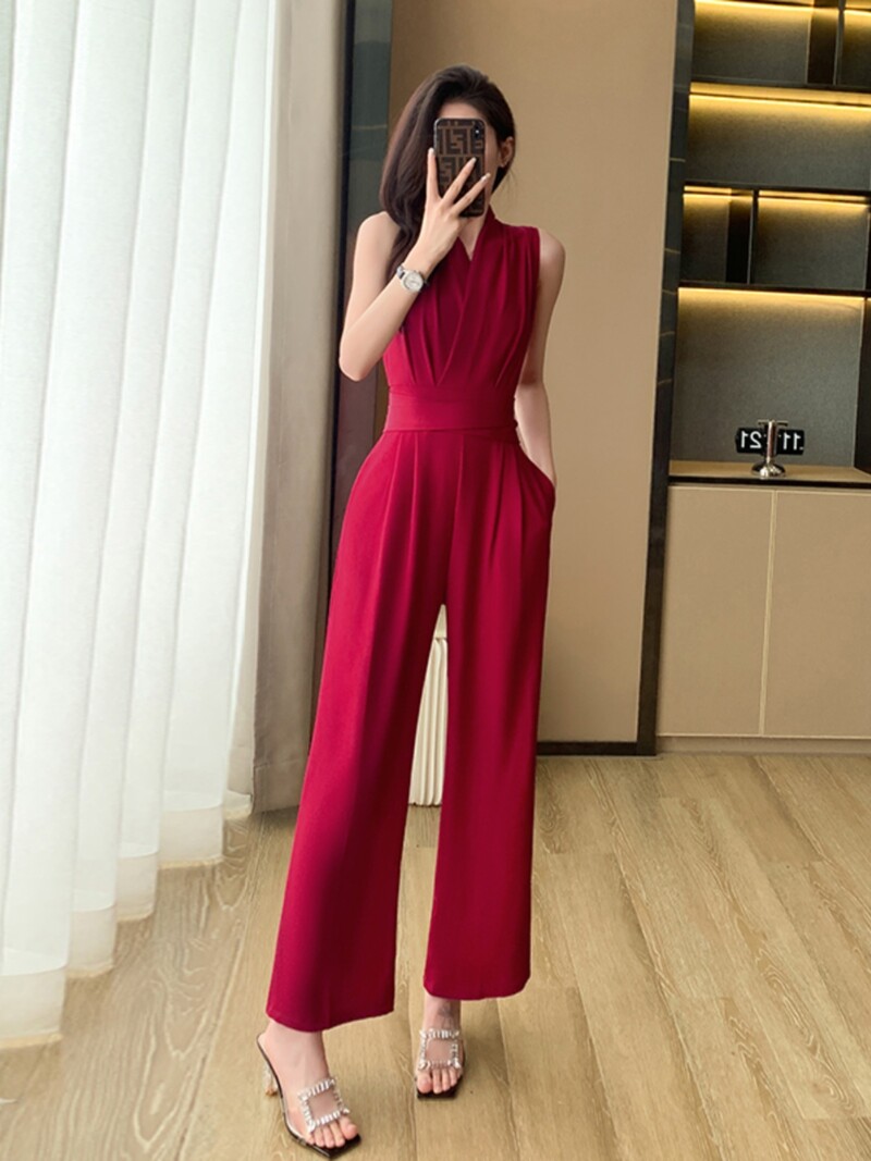 Čvrsti uredski kombinezon s V-izrezom Ženski elegantni kombinezon širokih nogavica visokog struka 2024. Modni uski šuplji jednobojni kombinezon T165