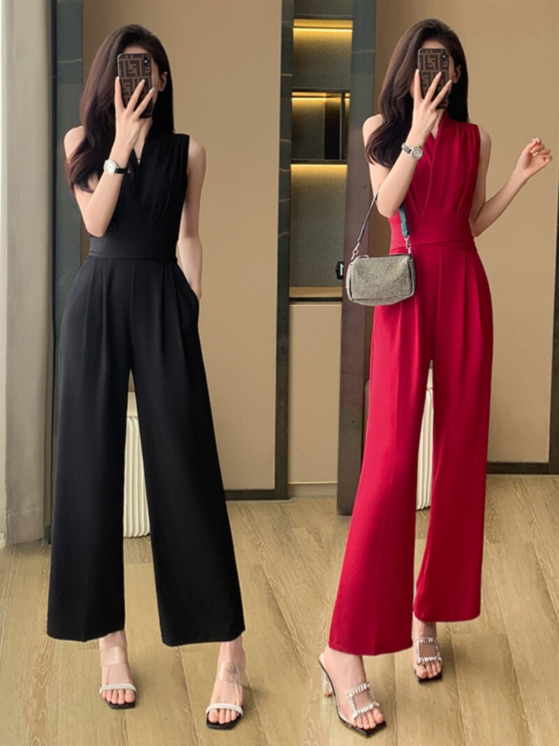 Čvrsti uredski kombinezon s V-izrezom Ženski elegantni kombinezon širokih nogavica visokog struka 2024. Modni uski šuplji jednobojni kombinezon T165
