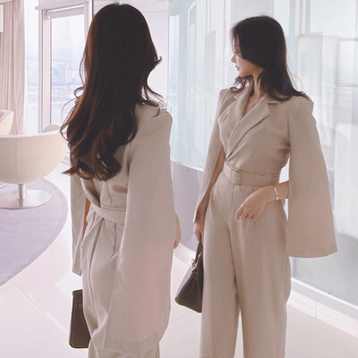 Elegantni poslovni široki kombinezon širokih nogavica Ženske dame Retro temperament Otvoreni remen s rukavima Hlače visokog struka Uredske jednodijelne kombinezone