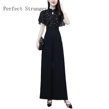 2022 Woman High Street Party Playsuits Fashion Femme φόρμες Κοντό μανίκι Γυναικείες φόρμες Oversize Cheongsam Jumpsuit Μαύρο