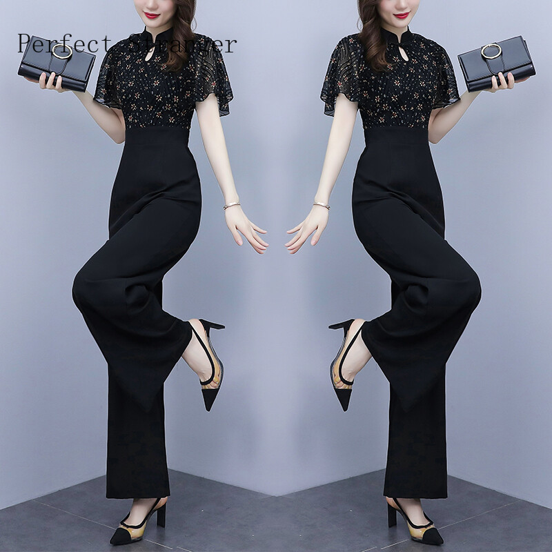 2022 Ženski High Street Party kombinezoni Modni Femme kombinezoni kratkih rukava Ženski kombinezoni Oversize Cheongsam kombinezon crni