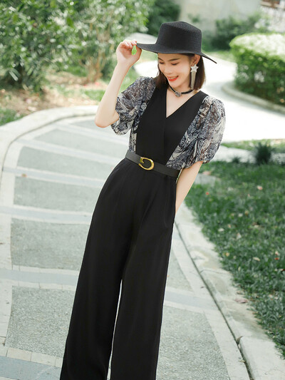 Korejski elegantni patchwork crni kombinezon Ženski ljetni kombinezoni visokog struka kratkih rukava Combinaison Femme Kombinezoni