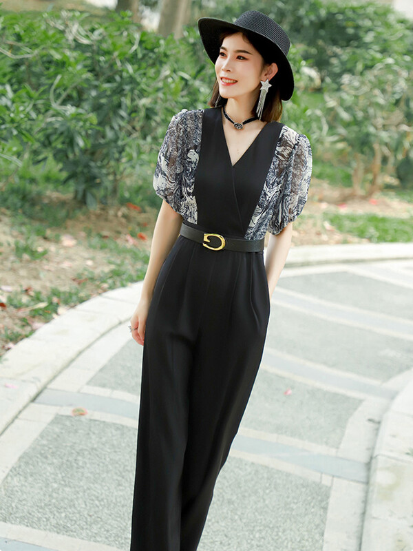 Korejski elegantni patchwork crni kombinezon Ženski ljetni kombinezoni visokog struka kratkih rukava Combinaison Femme Kombinezoni