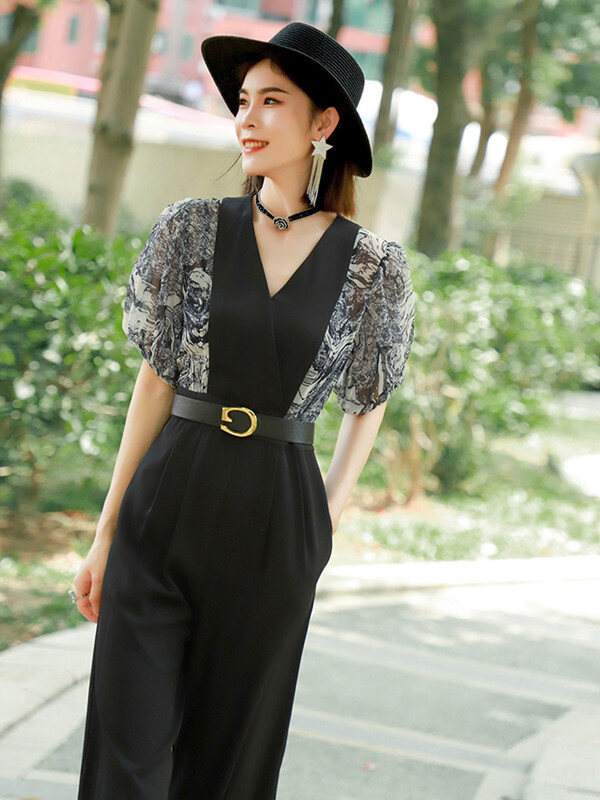 Korejski elegantni patchwork crni kombinezon Ženski ljetni kombinezoni visokog struka kratkih rukava Combinaison Femme Kombinezoni