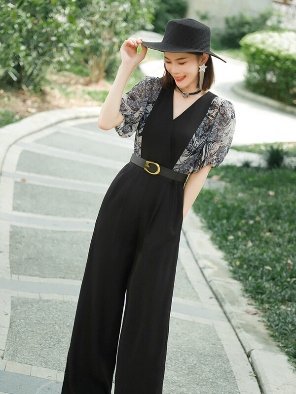 Korejski elegantni patchwork crni kombinezon Ženski ljetni kombinezoni visokog struka kratkih rukava Combinaison Femme Kombinezoni