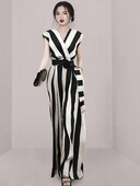 Elegantne vintage Fashion Stripe Office OL Slim Jumpsuit naistele Suvine seksikas V-kaelusega varrukateta kõrge vöökohaga õhukesed laiad püksid