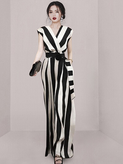 Elegantne vintage Fashion Stripe Office OL Slim Jumpsuit naistele Suvine seksikas V-kaelusega varrukateta kõrge vöökohaga õhukesed laiad püksid