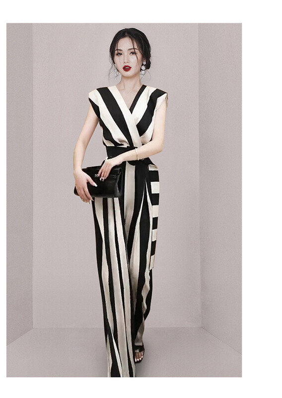 Elegantni vintage modni prugasti uredski OL uski kombinezon za žene, ljetne, seksi V-izrez bez rukava, uske široke hlače s visokim strukom