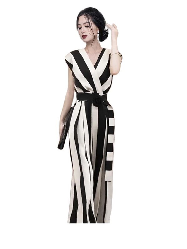 Elegantni vintage modni prugasti uredski OL uski kombinezon za žene, ljetne, seksi V-izrez bez rukava, uske široke hlače s visokim strukom