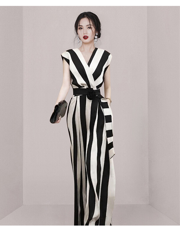 Elegantni vintage modni prugasti uredski OL uski kombinezon za žene, ljetne, seksi V-izrez bez rukava, uske široke hlače s visokim strukom