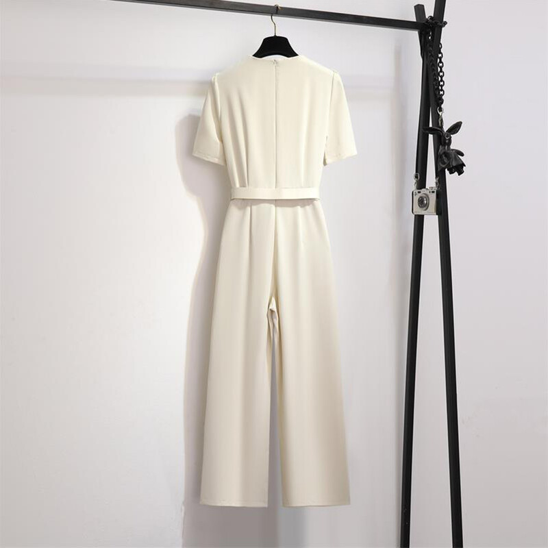 Елегантен офис дамски гащеризон Дамски летен гащеризон с V-образно деколте и тънък гащеризон с къс ръкав и колан