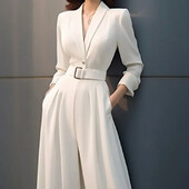 Proljeće jesen Jednobojni modni kombinezoni Ženske široke hlače s dugim rukavima s V-izrezom i visokim strukom s džepovima od krpa