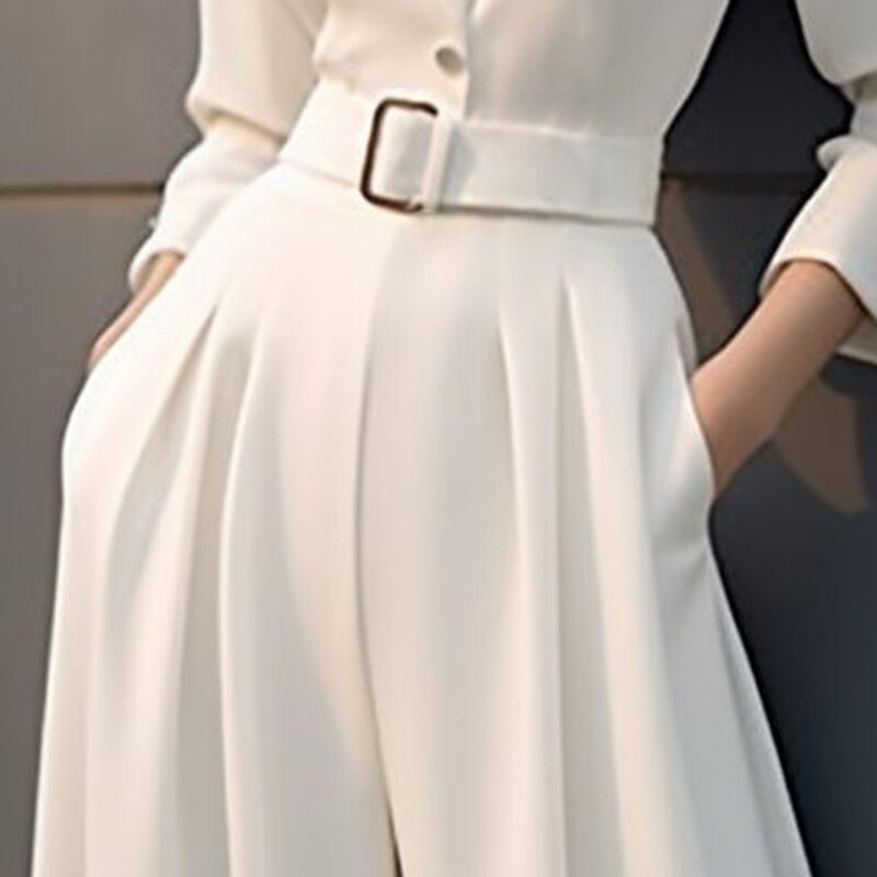 Proljeće jesen Jednobojni modni kombinezoni Ženske široke hlače s dugim rukavima s V-izrezom i visokim strukom s džepovima od krpa