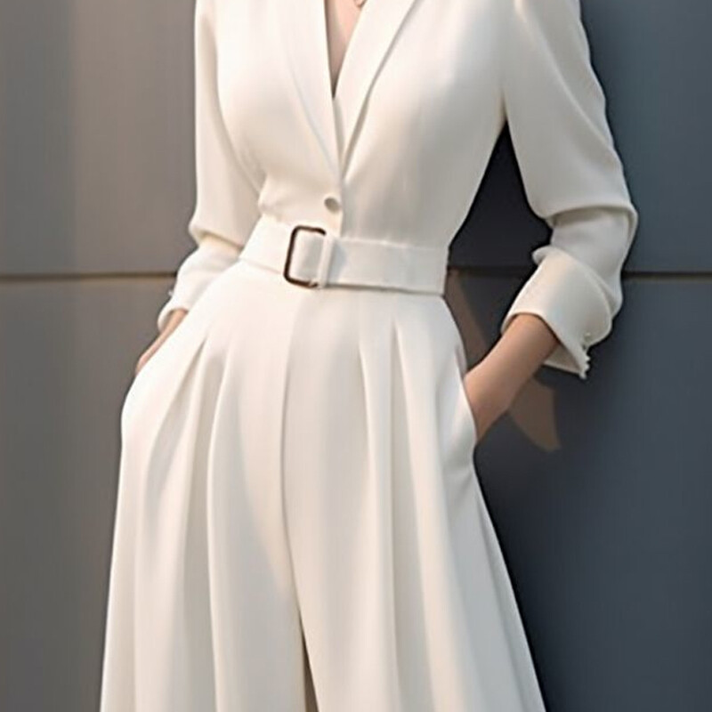 Proljeće jesen Jednobojni modni kombinezoni Ženske široke hlače s dugim rukavima s V-izrezom i visokim strukom s džepovima od krpa