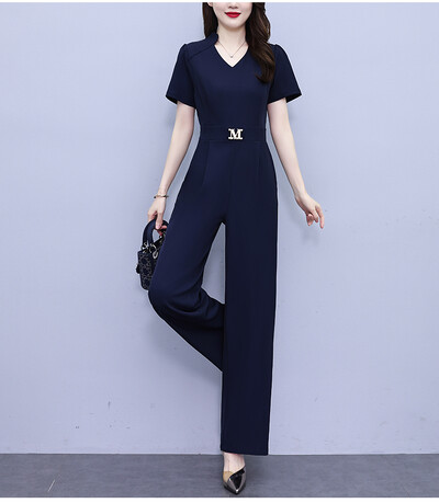 Vruća rasprodaja Ženski elegantni kombinezon za zabavu 2024., kratkih rukava, visokog struka, duge hlače s V izrezom, uredski kombinezon, tamnoplavi