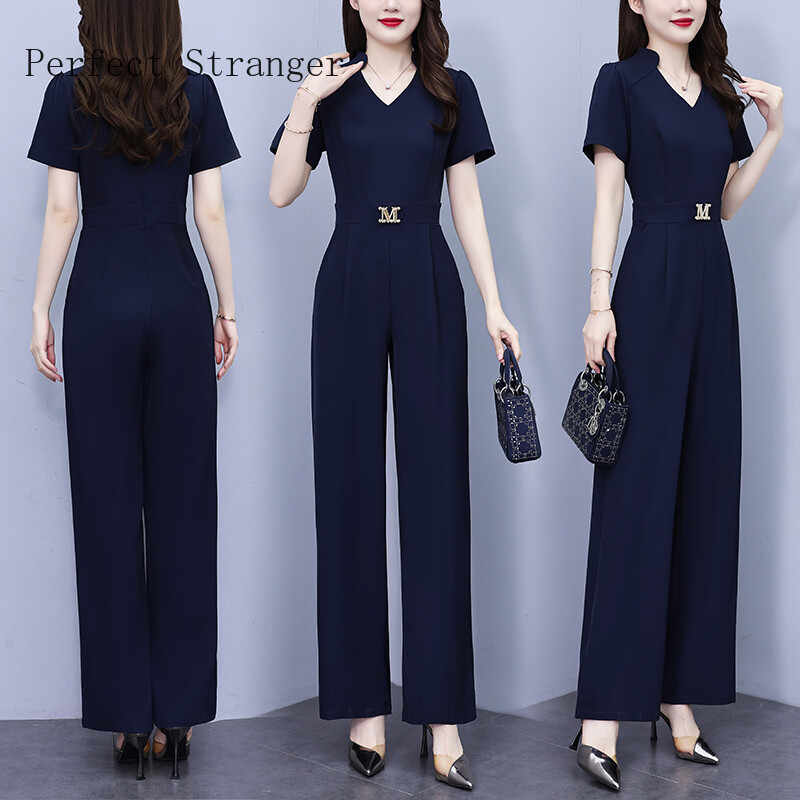 Vruća rasprodaja Ženski elegantni kombinezon za zabavu 2024., kratkih rukava, visokog struka, duge hlače s V izrezom, uredski kombinezon, tamnoplavi