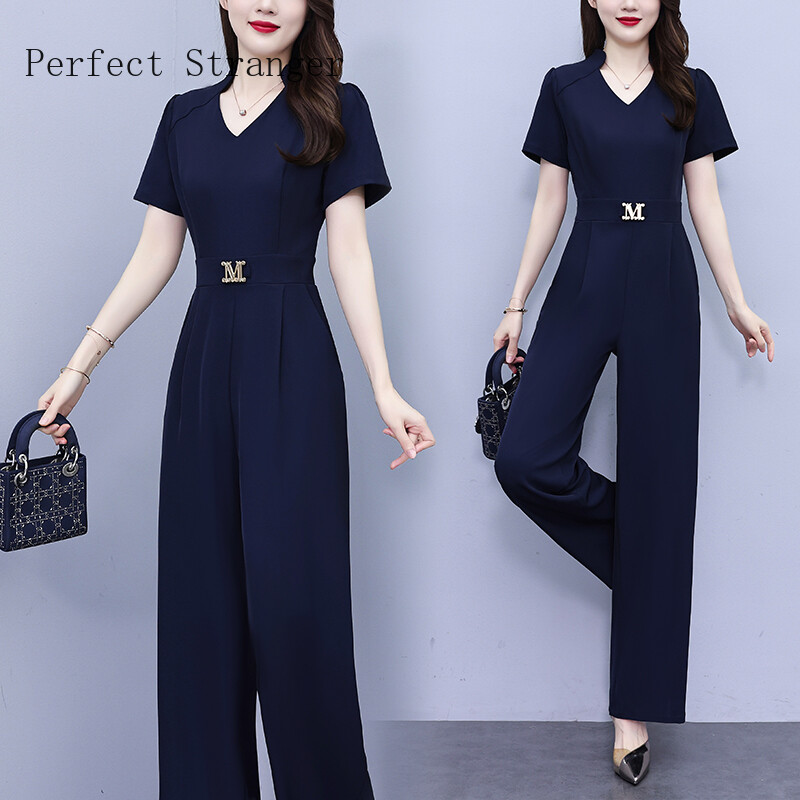 Vruća rasprodaja Ženski elegantni kombinezon za zabavu 2024., kratkih rukava, visokog struka, duge hlače s V izrezom, uredski kombinezon, tamnoplavi