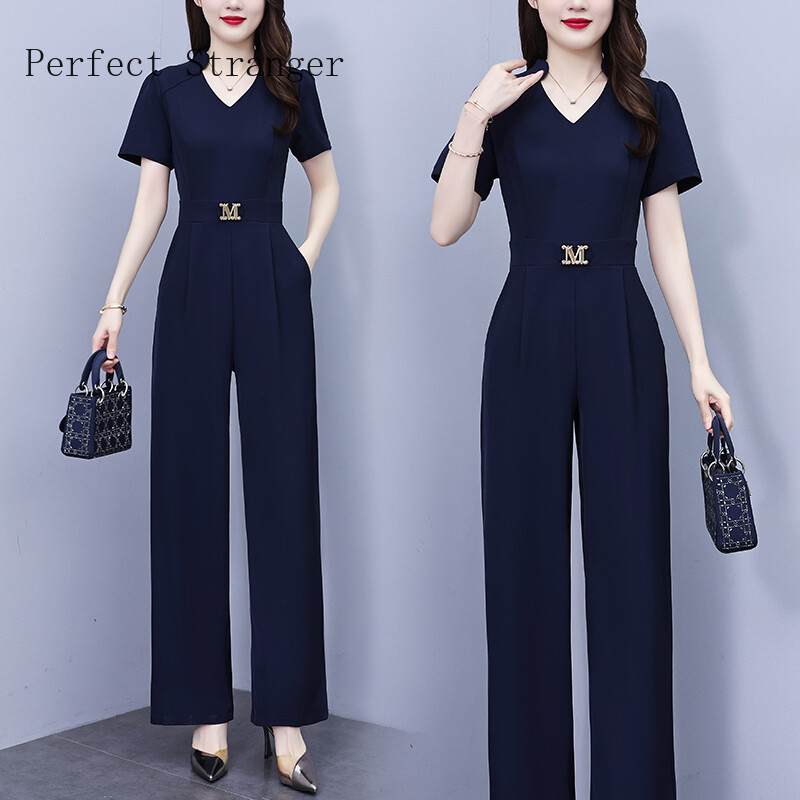 Vruća rasprodaja Ženski elegantni kombinezon za zabavu 2024., kratkih rukava, visokog struka, duge hlače s V izrezom, uredski kombinezon, tamnoplavi