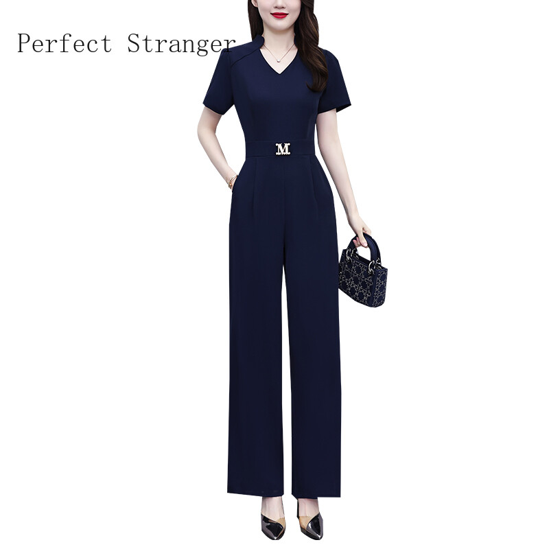 Vruća rasprodaja Ženski elegantni kombinezon za zabavu 2024., kratkih rukava, visokog struka, duge hlače s V izrezom, uredski kombinezon, tamnoplavi
