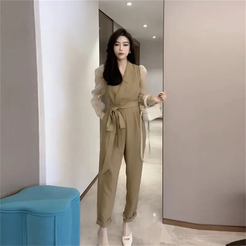 Άνοιξη 2024 Νέα φόρμα διασημοτήτων στο Διαδίκτυο με ίδιο στιλ μόδας Γυναικεία μονόχρωμη μανίκια με φυσαλίδες με κορδόνια Αδυνατιστική φόρμα