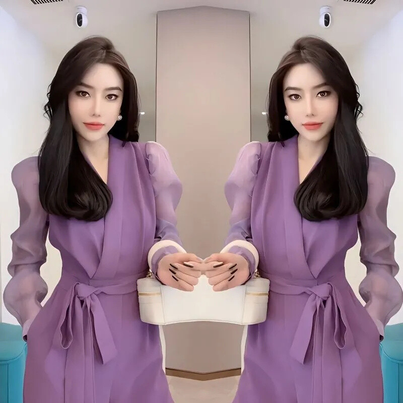 Άνοιξη 2024 Νέα φόρμα διασημοτήτων στο Διαδίκτυο με ίδιο στιλ μόδας Γυναικεία μονόχρωμη μανίκια με φυσαλίδες με κορδόνια Αδυνατιστική φόρμα