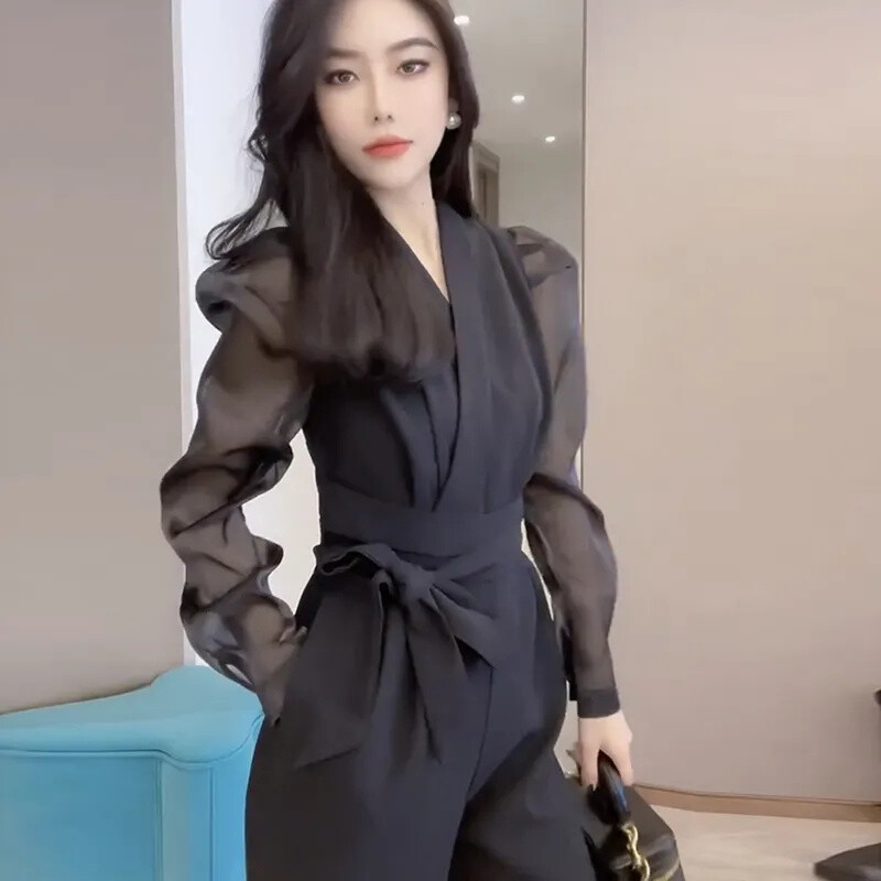 Άνοιξη 2024 Νέα φόρμα διασημοτήτων στο Διαδίκτυο με ίδιο στιλ μόδας Γυναικεία μονόχρωμη μανίκια με φυσαλίδες με κορδόνια Αδυνατιστική φόρμα