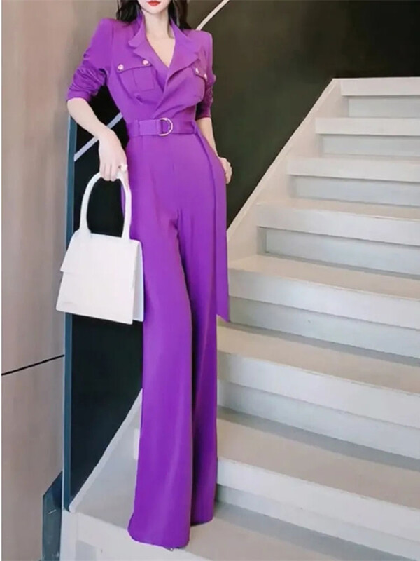 2024. aasta kevadsuvi uus naine, kõrgetasemeline šikk temperament jumalanna, fänn Fried Street, lilla vöö, õhuke, õhuke komplekt laia säärega kombinesooni
