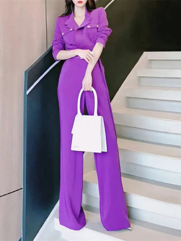 2024. aasta kevadsuvi uus naine, kõrgetasemeline šikk temperament jumalanna, fänn Fried Street, lilla vöö, õhuke, õhuke komplekt laia säärega kombinesooni