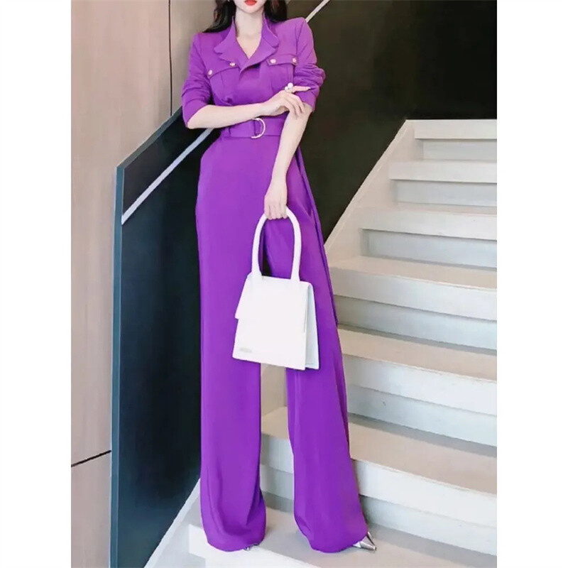 2024. aasta kevadsuvi uus naine, kõrgetasemeline šikk temperament jumalanna, fänn Fried Street, lilla vöö, õhuke, õhuke komplekt laia säärega kombinesooni