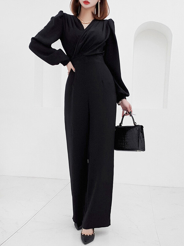 Nouă modă de primăvară toamnă salopete lungi dintr-o bucată haine pentru femei elegante formală solidă cu decolteu în V pentru femeie cu picior lat salopete largi