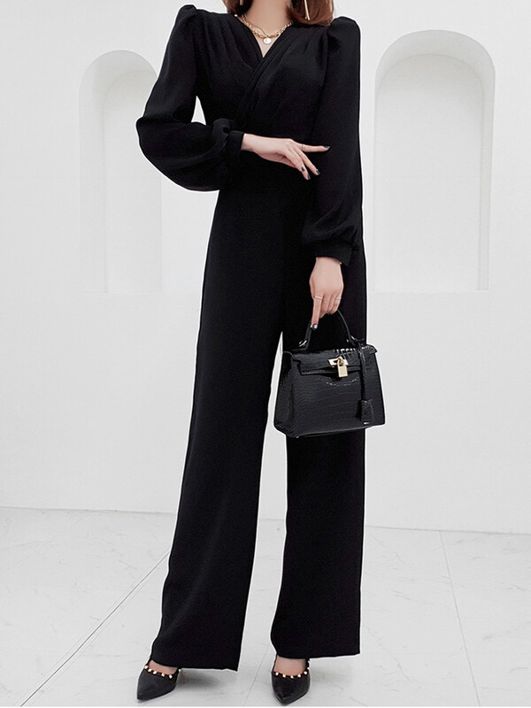 Nouă modă de primăvară toamnă salopete lungi dintr-o bucată haine pentru femei elegante formală solidă cu decolteu în V pentru femeie cu picior lat salopete largi