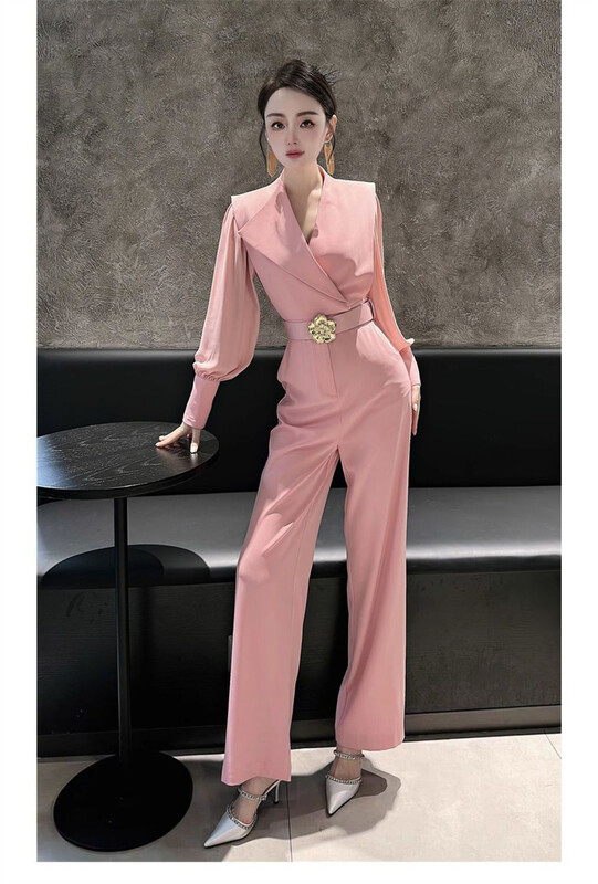 Feeling kombinezon Rana jesen 2024. Novo elegantno intelektualno modno temperamentno ružičasto ravno odijelo s hlačama širokih nogavica, žensko