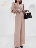 H Han Queen Elegantne Summe Business Jumpsuits Naiste V-kaelusega laia säärega püksid Pikad mängukostüümid Vabaaja kõrge vöökohaga püksid Kontoridaam