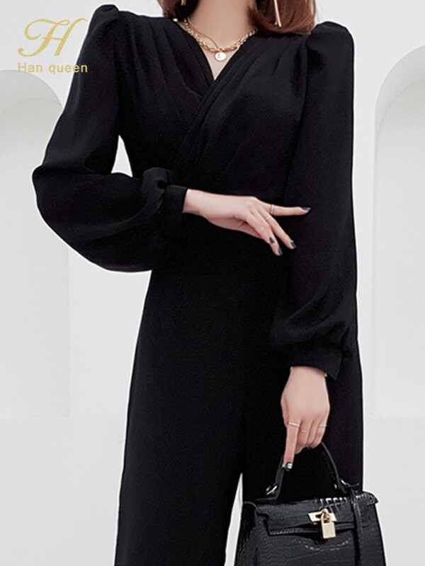 H Han Queen Elegantne Summe Business Jumpsuits Naiste V-kaelusega laia säärega püksid Pikad mängukostüümid Vabaaja kõrge vöökohaga püksid Kontoridaam