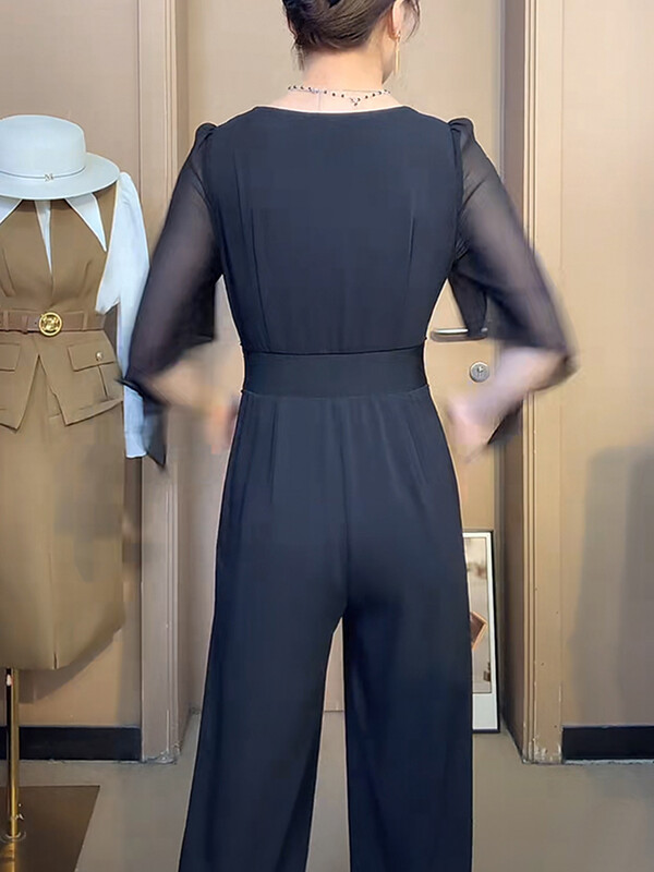 Ljeto 2024. Novi stilski kombinezon s remenom omotanim oko struka Ženski jednobojni kombinezon s V-izrezom kratkih rukava, širokih nogavica, dugih hlača, kombinezon T235